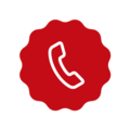 Rød telefonhåndsett på hvit bakgrunn i en rund badge.