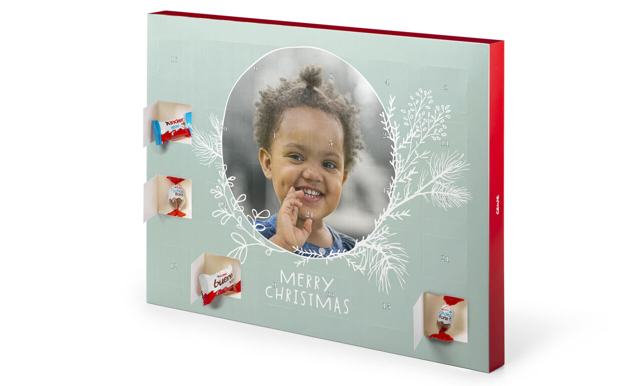 Adventskalender med teksten Merry Christmas og takk klistremerker